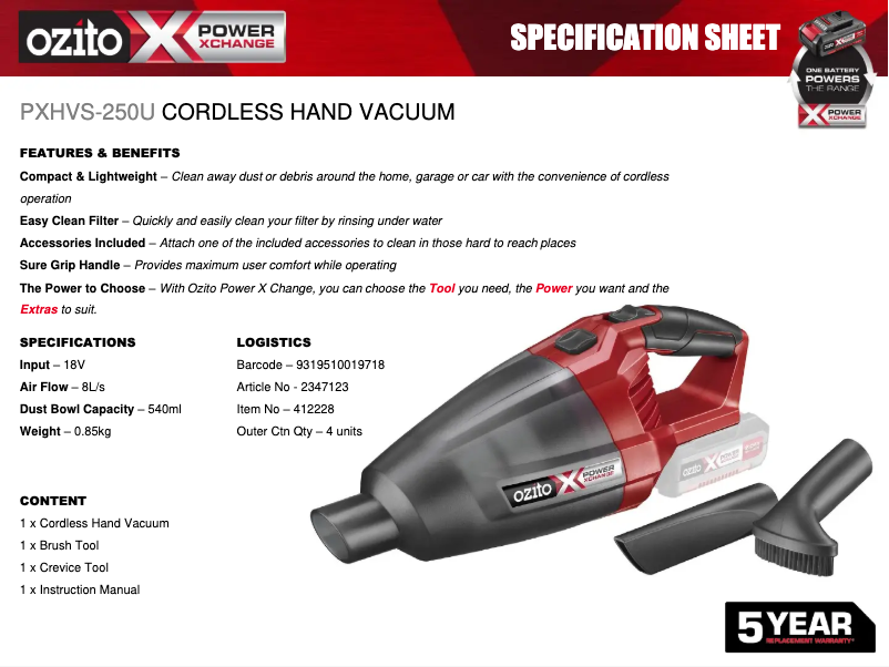 Page n°1 - Fiche technique Ozito PXHVS-250U