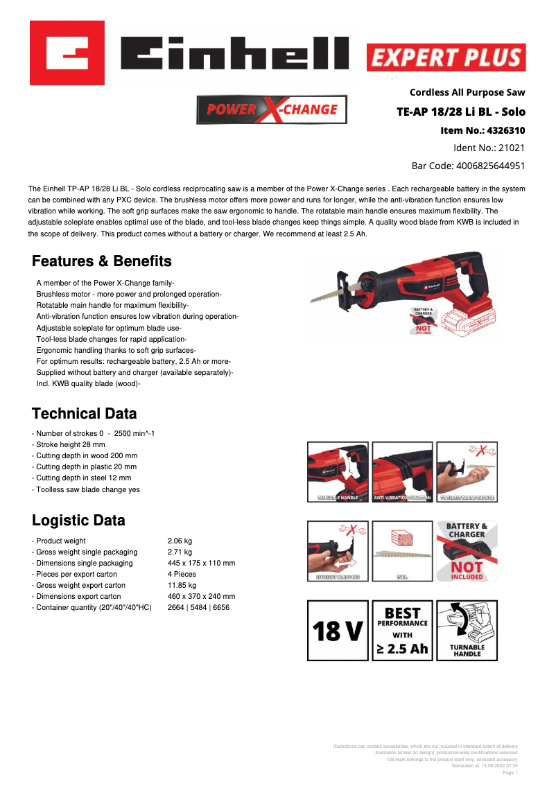 Page 1 de la notice Fiche technique Einhell TE-AP 18/28 Li BL