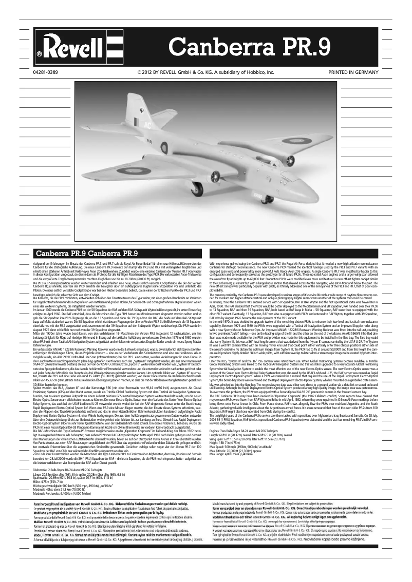 Page 1 de la notice Manuel utilisateur Revell Canberra PR.9