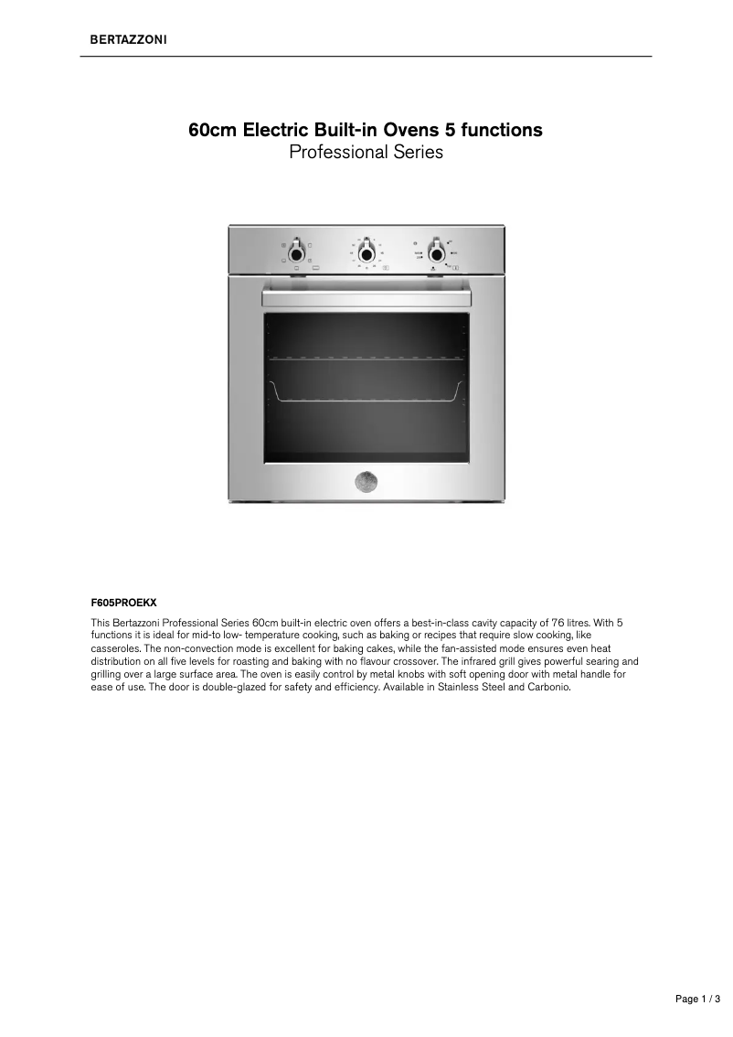 Page 1 de la notice Fiche technique Bertazzoni F605PROEKX