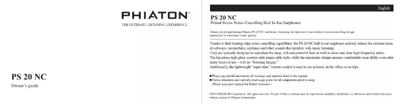 Page n°1 - Manuel utilisateur Phiaton PS 20 NC