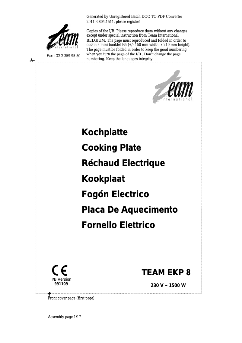 Page 1 de la notice Manuel utilisateur Team EKP 8