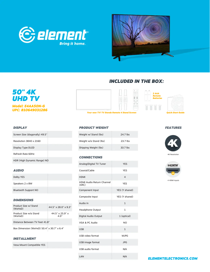 Page 1 of the manual Technical Sheet Element E4AA50N