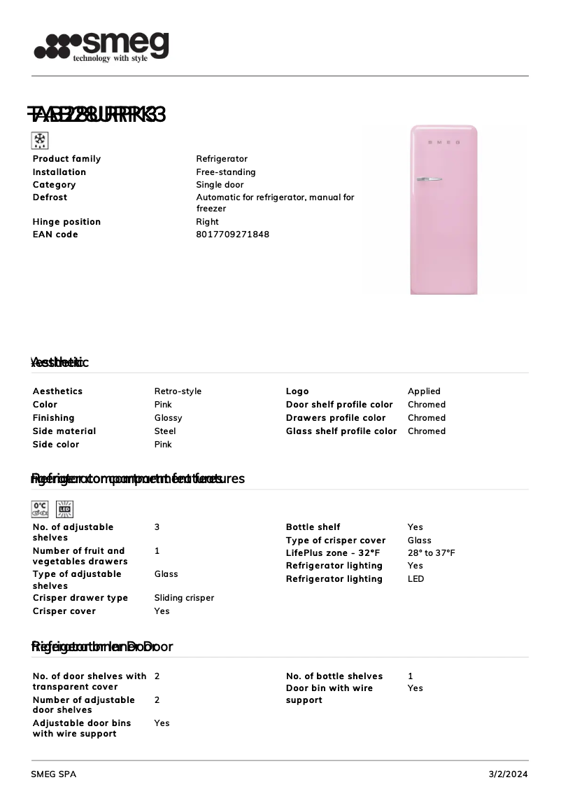 Page 1 de la notice Fiche technique Smeg FAB28URPK3