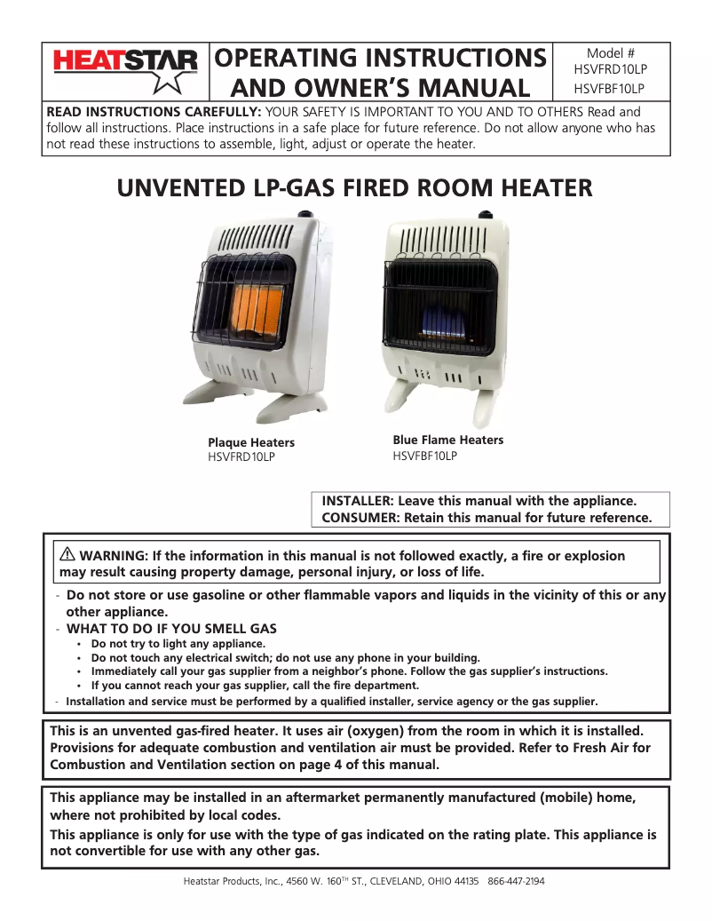 Page 1 de la notice Manuel utilisateur HeatStar HSVFRD10LP