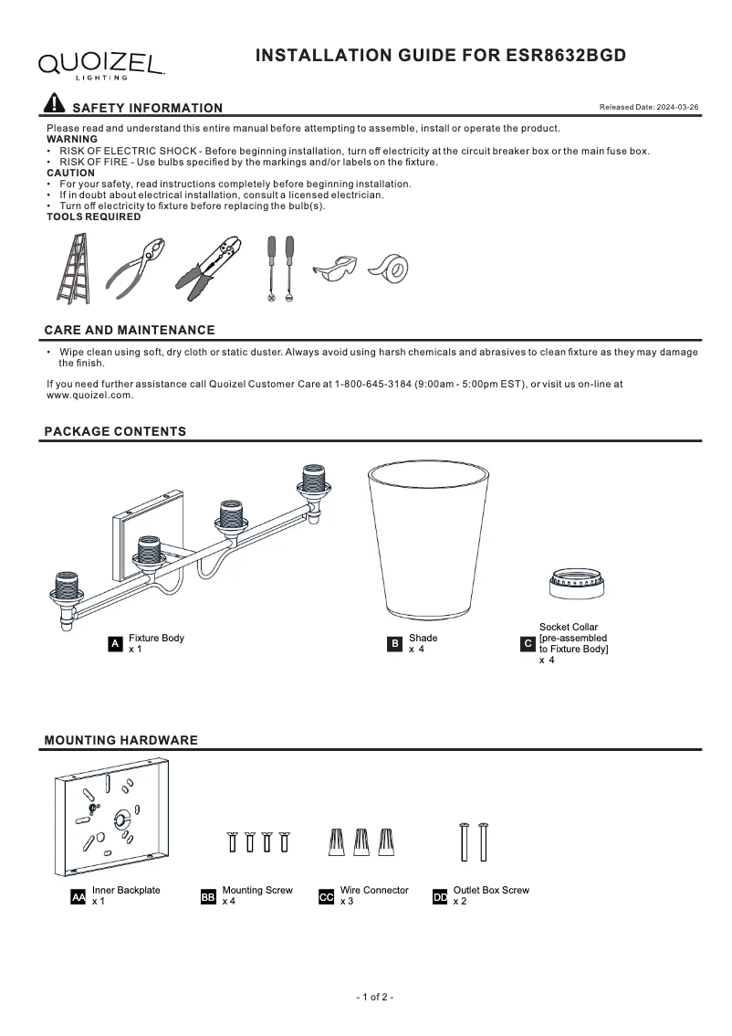 Page 1 de la notice Manuel utilisateur Quoizel Esther ESR8632BGD