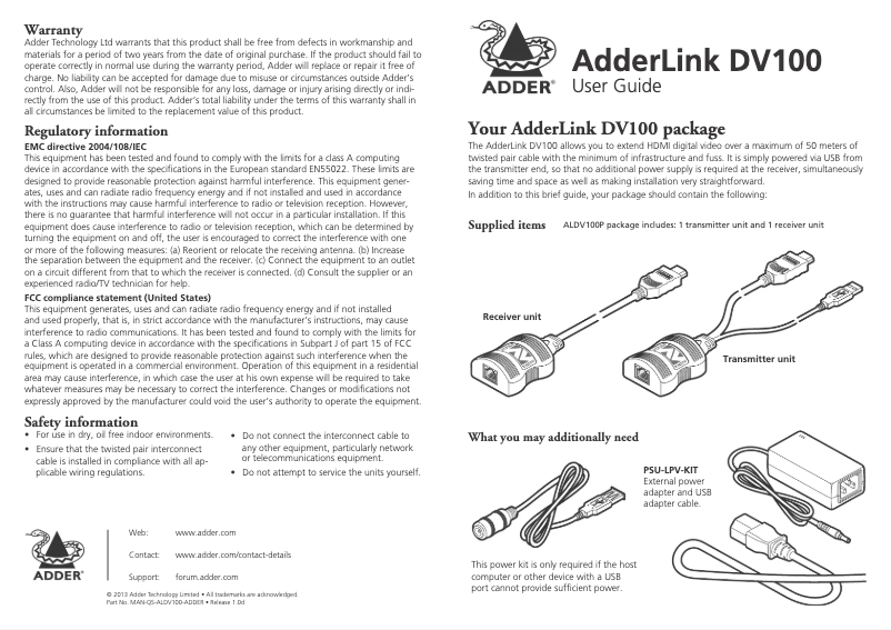 Page n°1 - Manuel utilisateur Adder ALDV100P