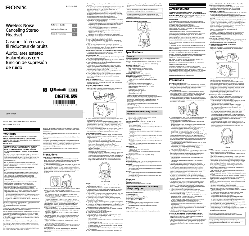 Image de la première page du manuel de l'appareil MDR-1000X