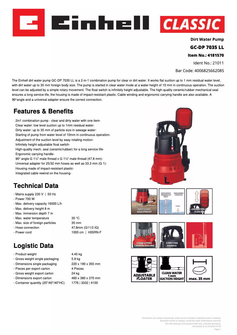 Page n°1 - Fiche technique Einhell GC-DP 7035 LL