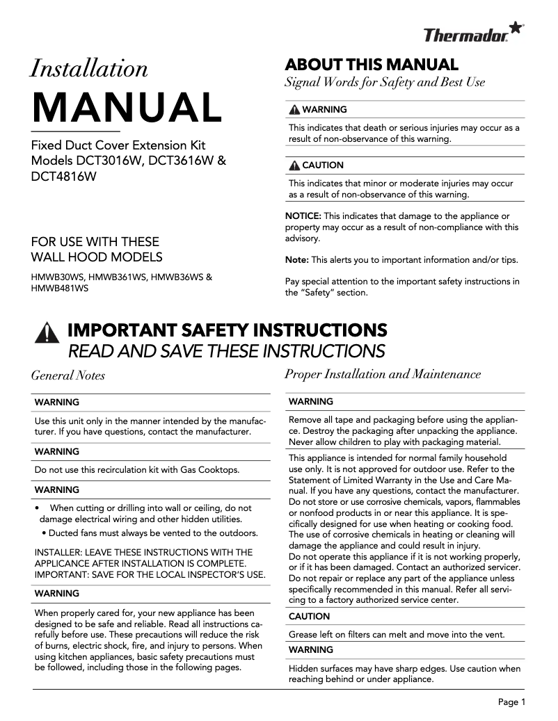 Page 1 de la notice Guide d'installation Thermador DCT3016W