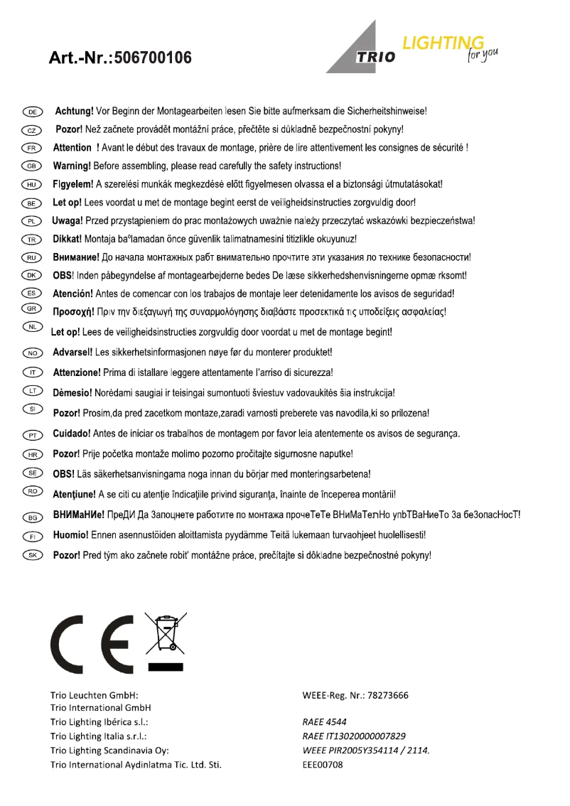 Page 1 de la notice Manuel utilisateur Trio Lighting Hamilton 506700106