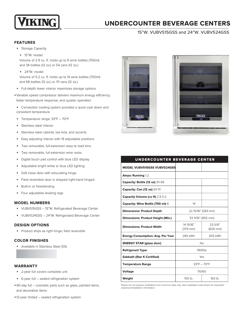 Page 1 de la notice Fiche technique Viking VUBV515GSS