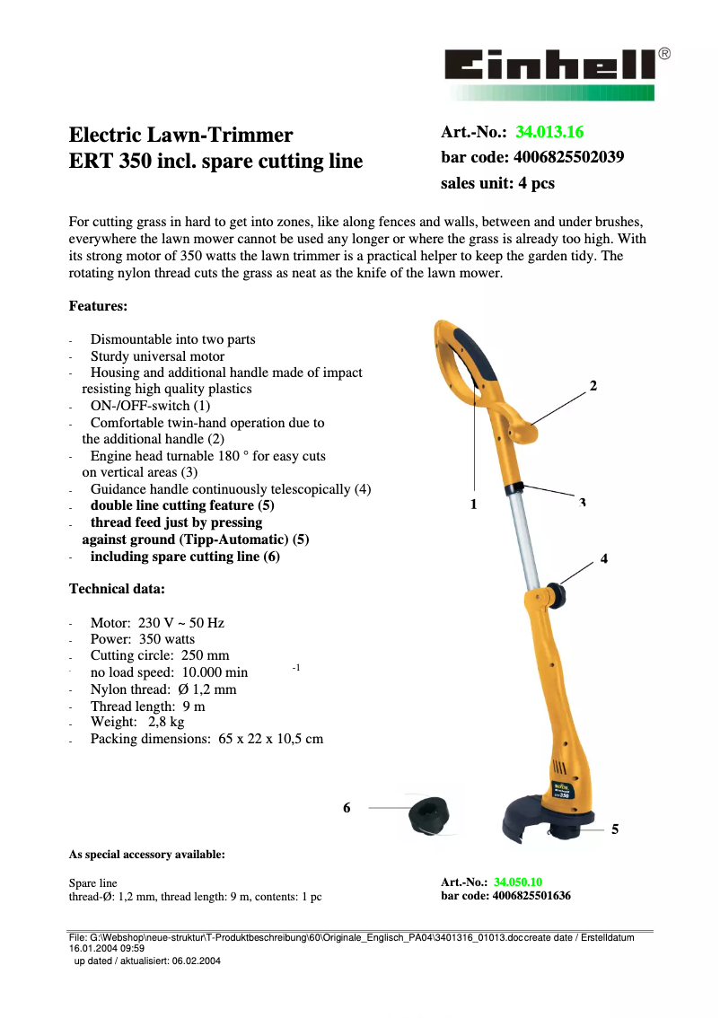 Page 1 de la notice Fiche technique Einhell ERT 350