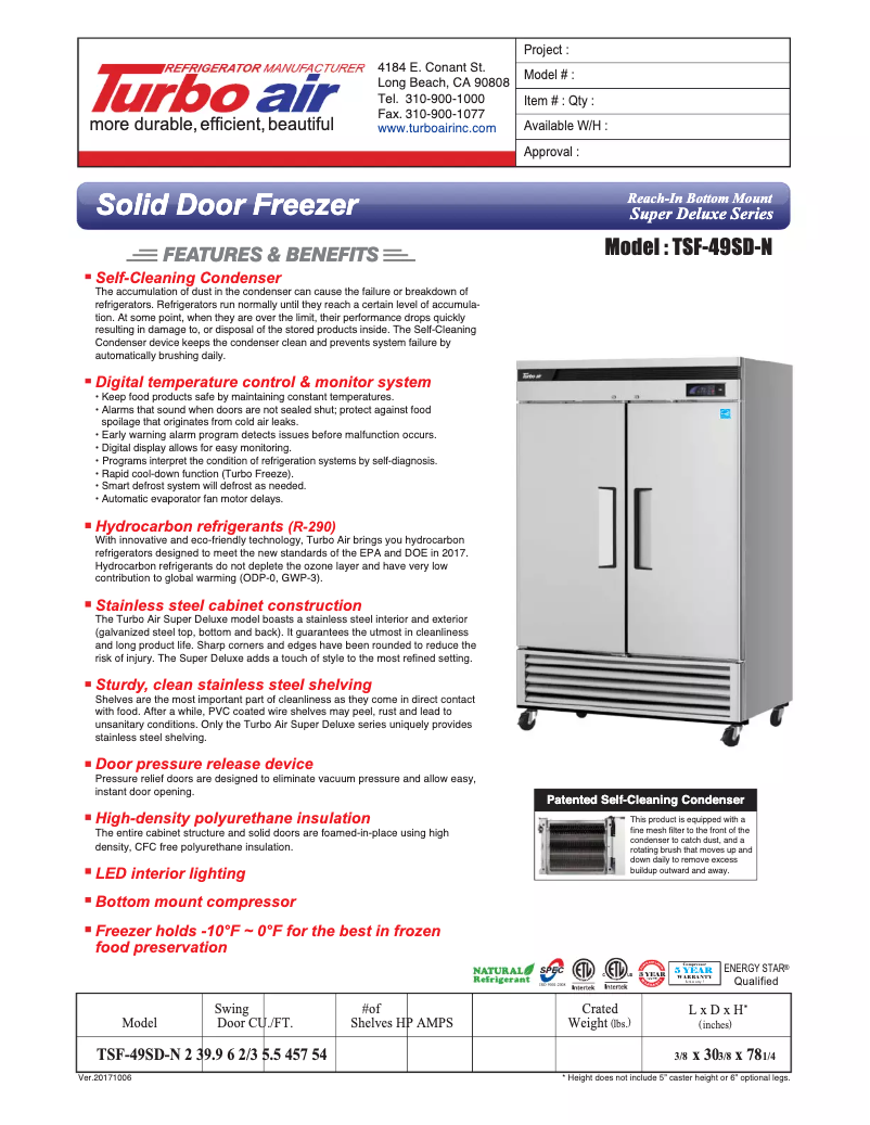 Page 1 de la notice Fiche technique Turbo air TSF-49SD