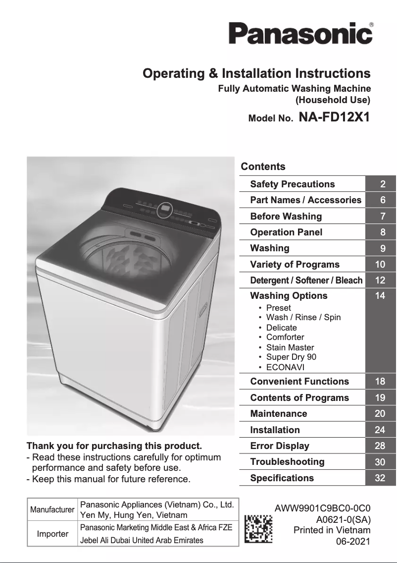 Page 1 de la notice Manuel utilisateur Panasonic NA-FD12X1