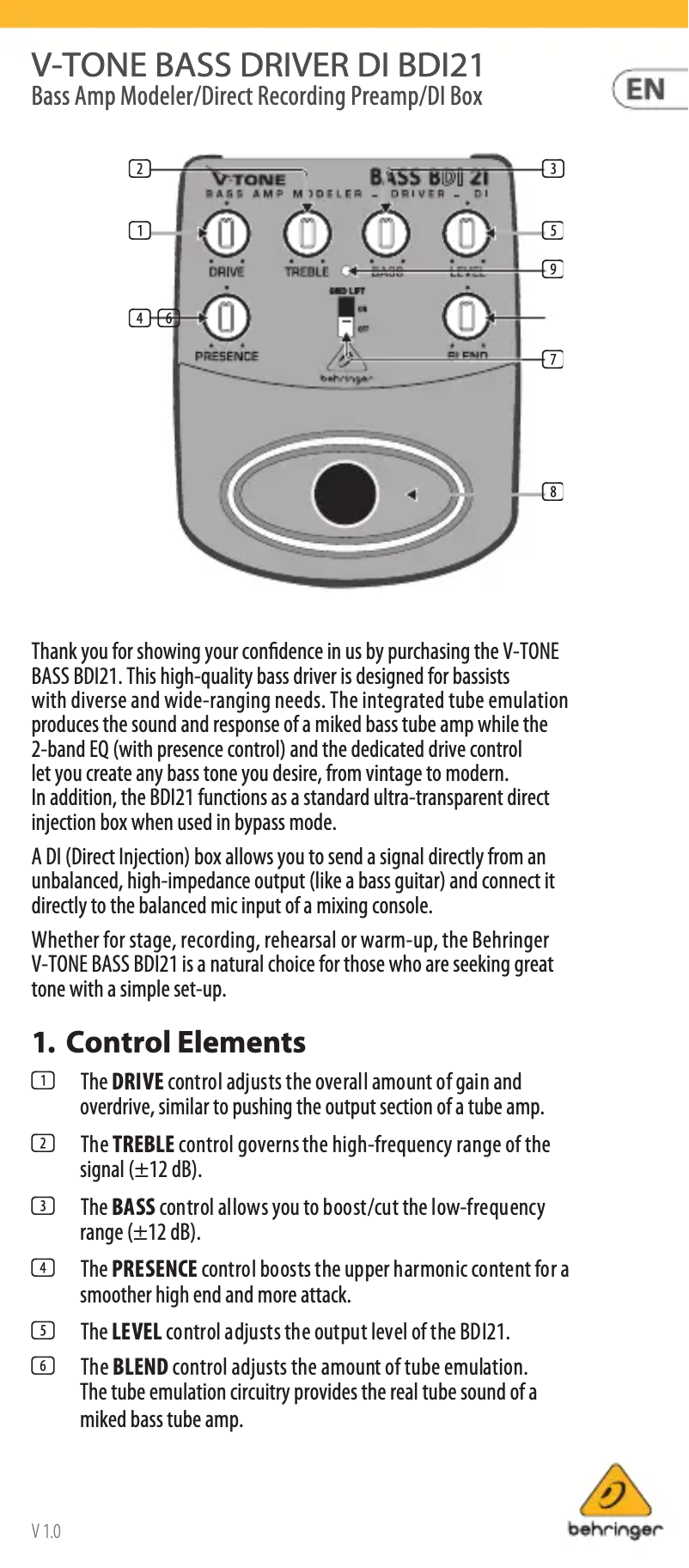 Page 1 de la notice Manuel utilisateur Behringer V-Tone Bass Driver DI BDI21