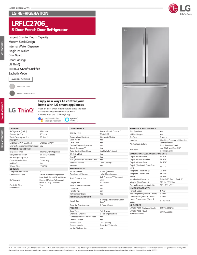 Page 1 de la notice Fiche technique LG LRFLC2706S