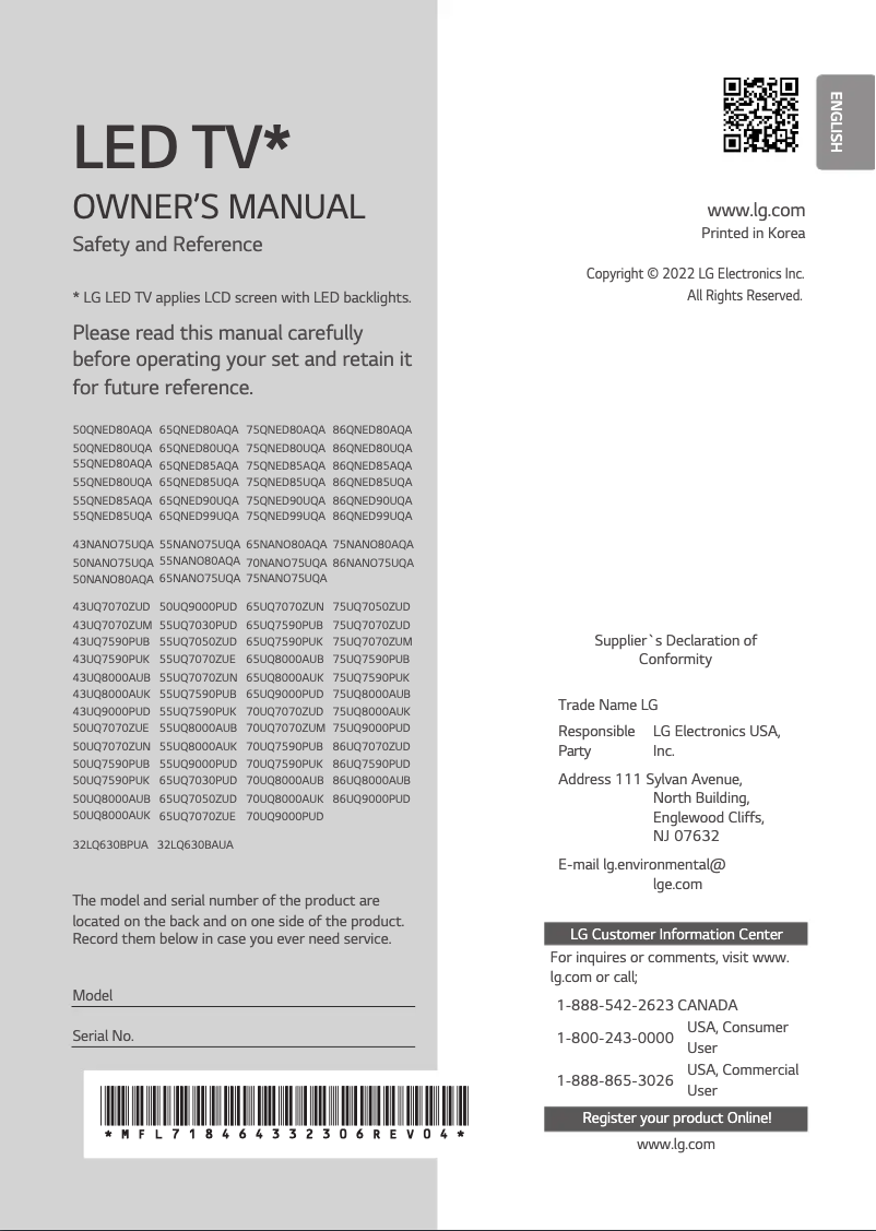 Page 1 de la notice Manuel utilisateur LG 86UQ7070ZUD