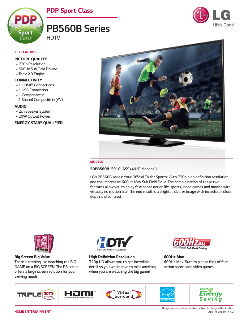 Página 1 del manual Ficha técnica LG 50PB560B