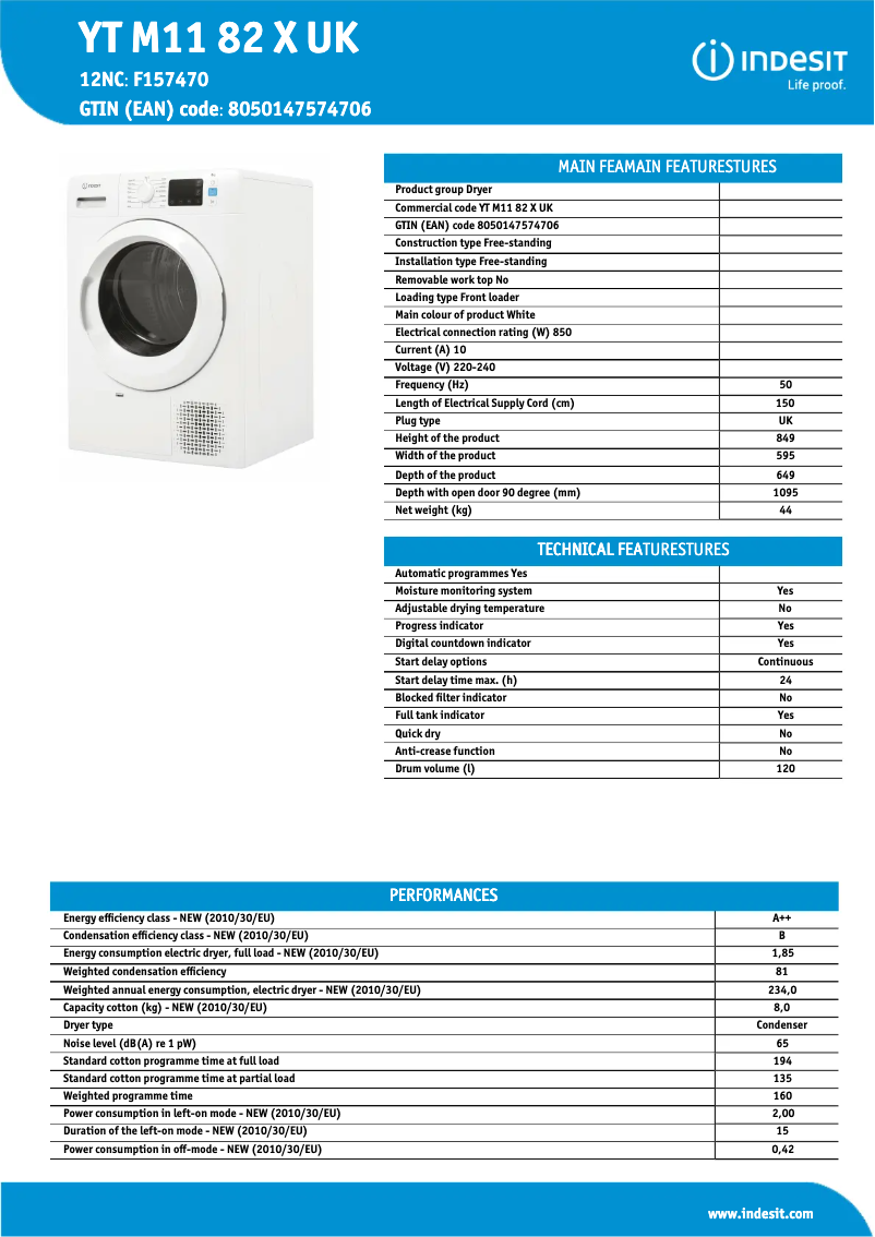 Page n°1 - Fiche technique Indesit YT M11 82 X UK
