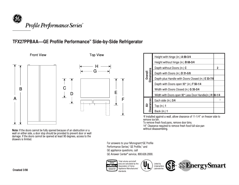 First page image of the manual for Profile Performance TFX27PPBAA