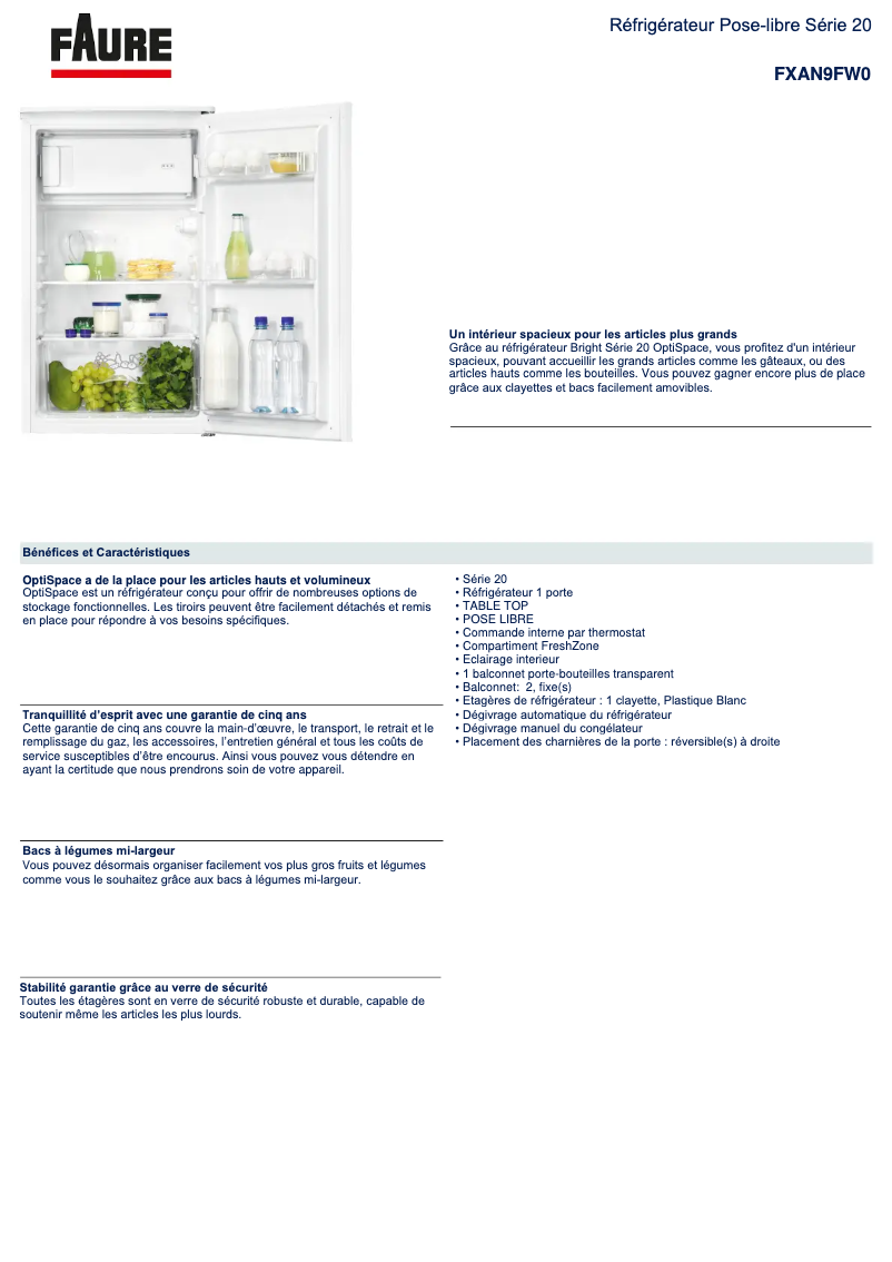 Page 1 de la notice Fiche technique Electrolux FXAN9FW0