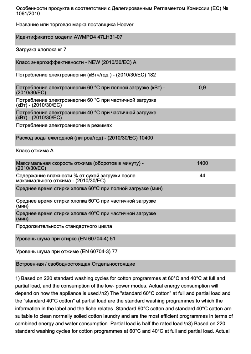 Page n°1 - Fiche technique Hoover AXI AWMPD4 47LH31-07