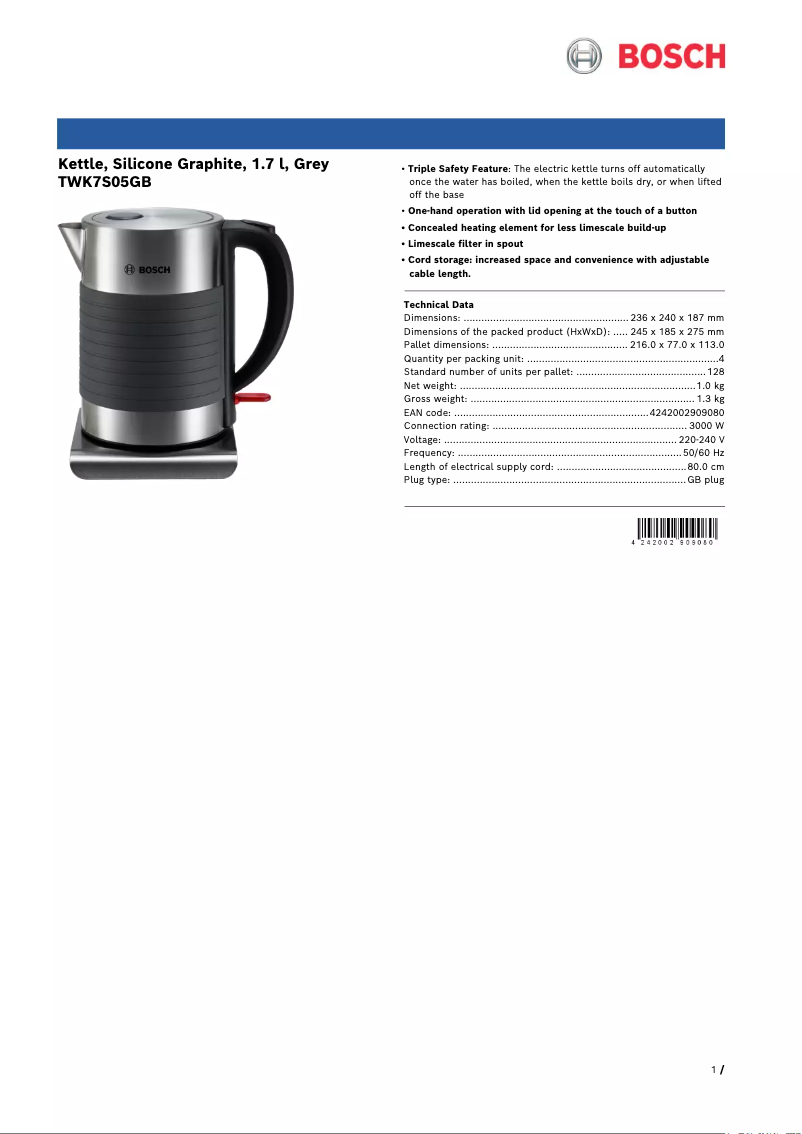 Página 1 del manual Ficha técnica Bosch TWK7S05GB