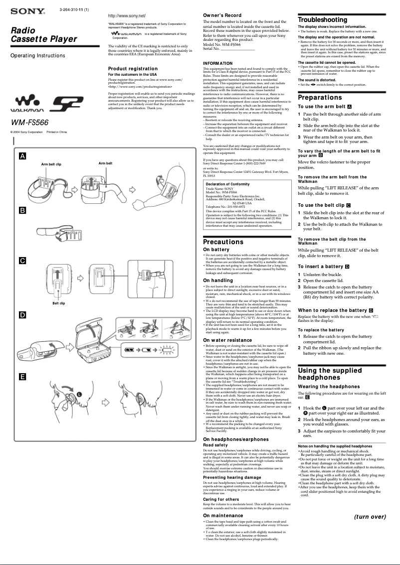 Page 1 de la notice Manuel utilisateur Sony Walkman WM-FS566