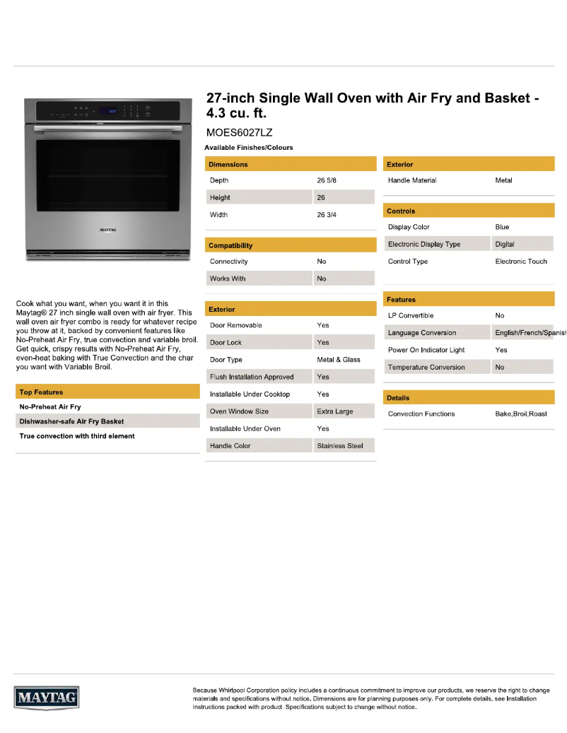 Page 1 de la notice Fiche technique Maytag MOES6027LZ