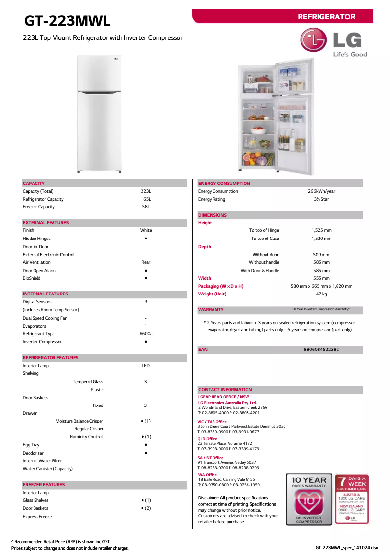 Página 1 del manual Ficha técnica LG GT-223MWL
