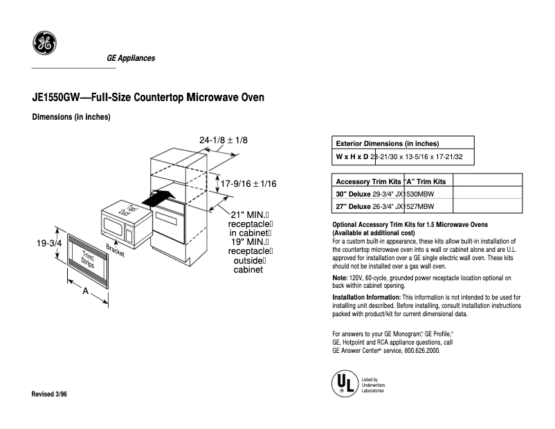 Page 1 de la notice Fiche technique GE JE1550GW