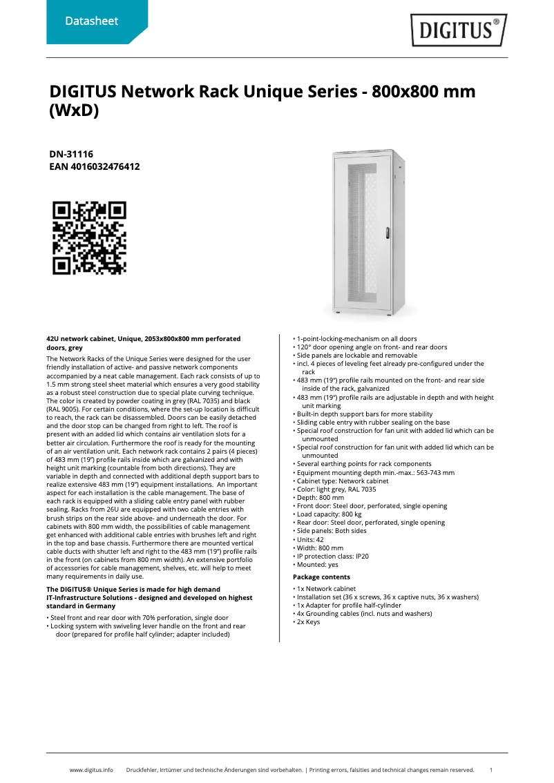 Page 1 de la notice Fiche technique Digitus DN-31116
