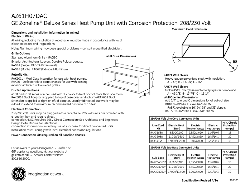 Page n°1 - Fiche technique GE AZ61H07DAC Zoneline