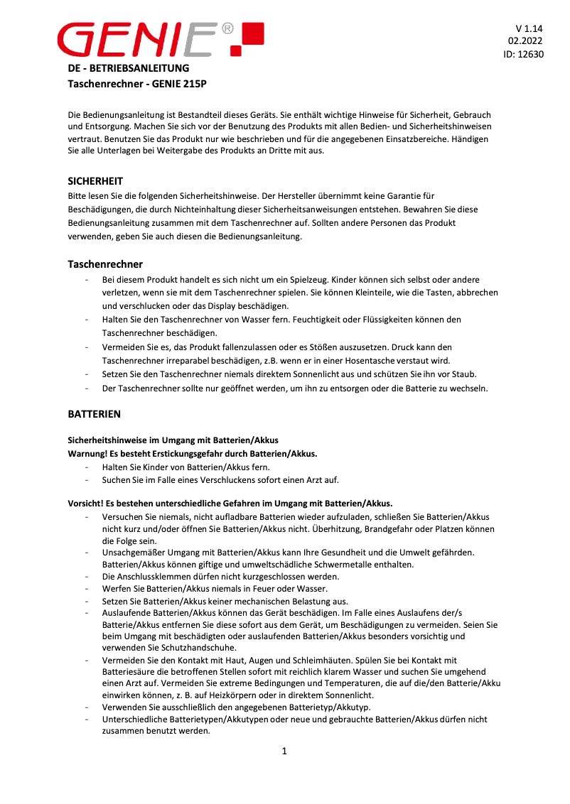 Page 1 de la notice Manuel utilisateur Genie 215 P