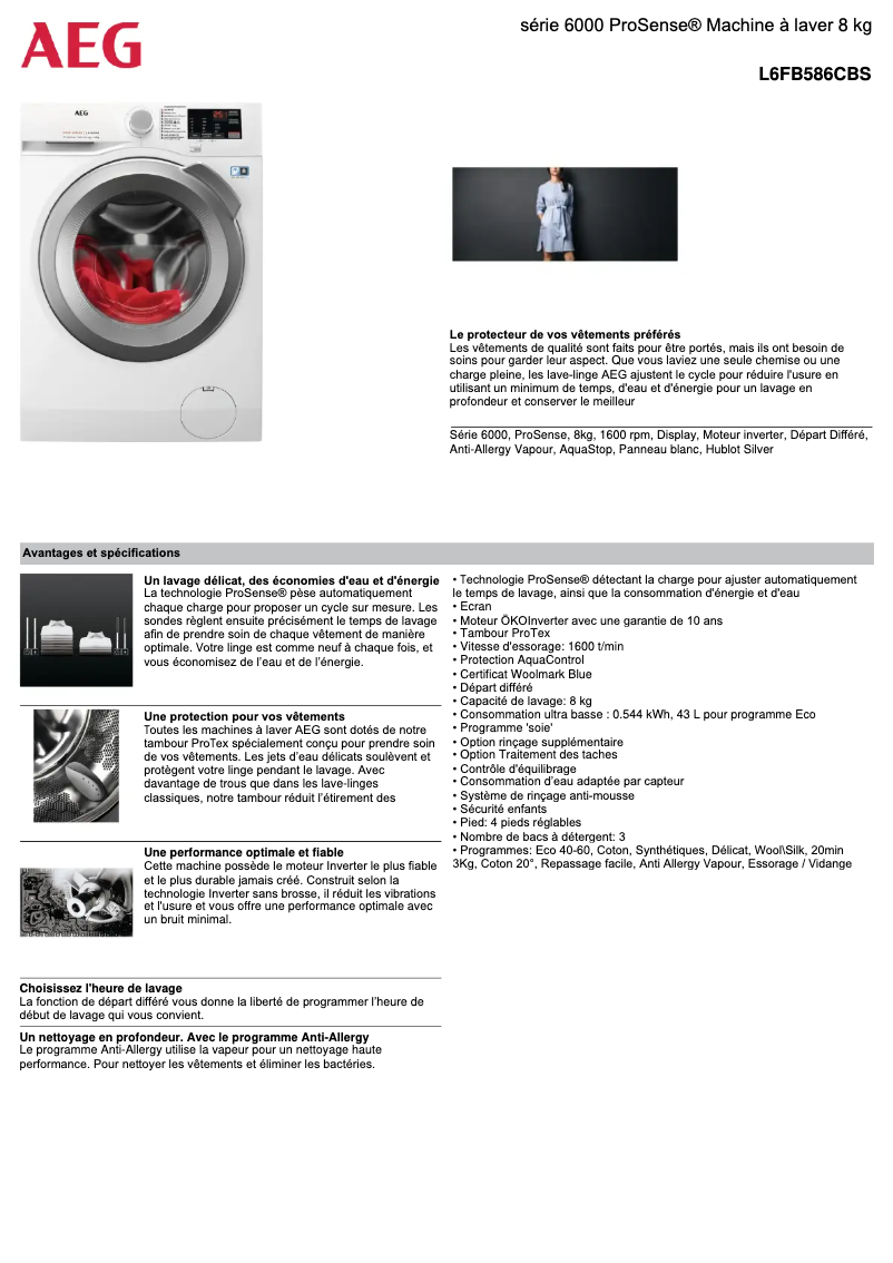 Page 1 de la notice Fiche technique AEG L6FB586CBS