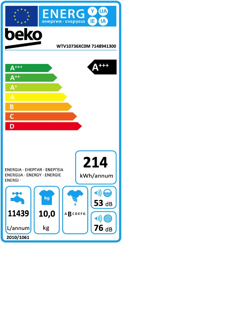 Page 1 de la notice Label énergétique Beko WTV10736XC0M