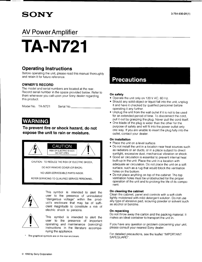 Page 1 de la notice Manuel utilisateur Sony TA-N721
