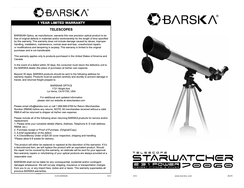 Page n°1 - Manuel utilisateur Barska AE11124