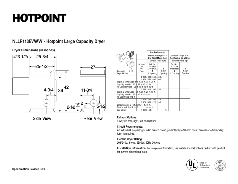 Page n°1 - Fiche technique Hotpoint NLLR113EVWW