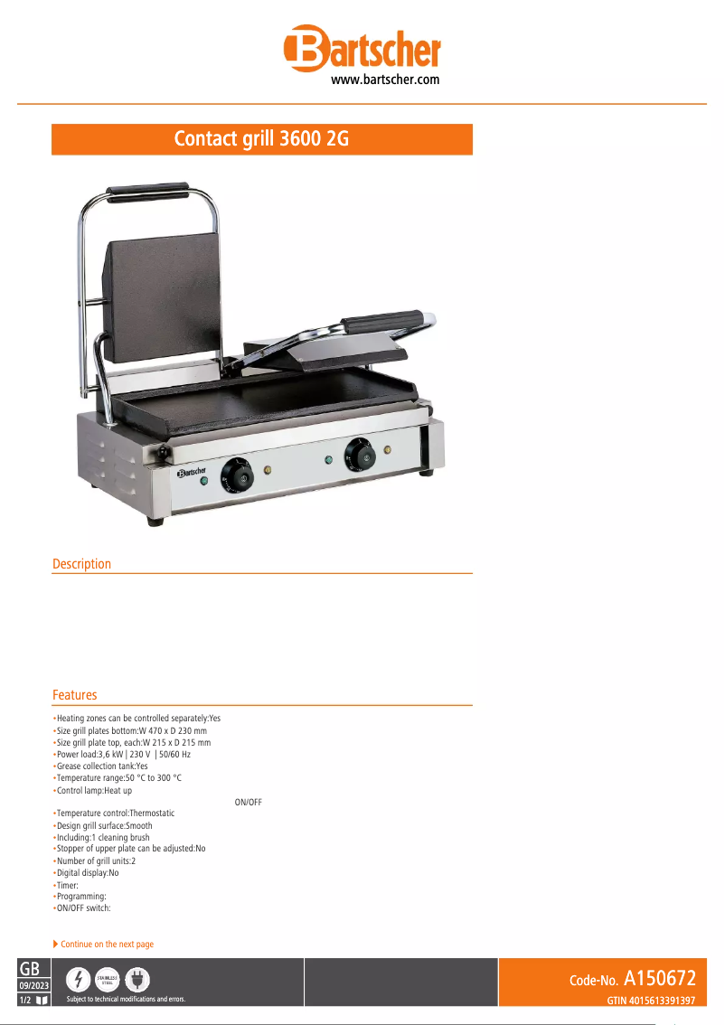 Page 1 de la notice Fiche technique Bartscher A150672