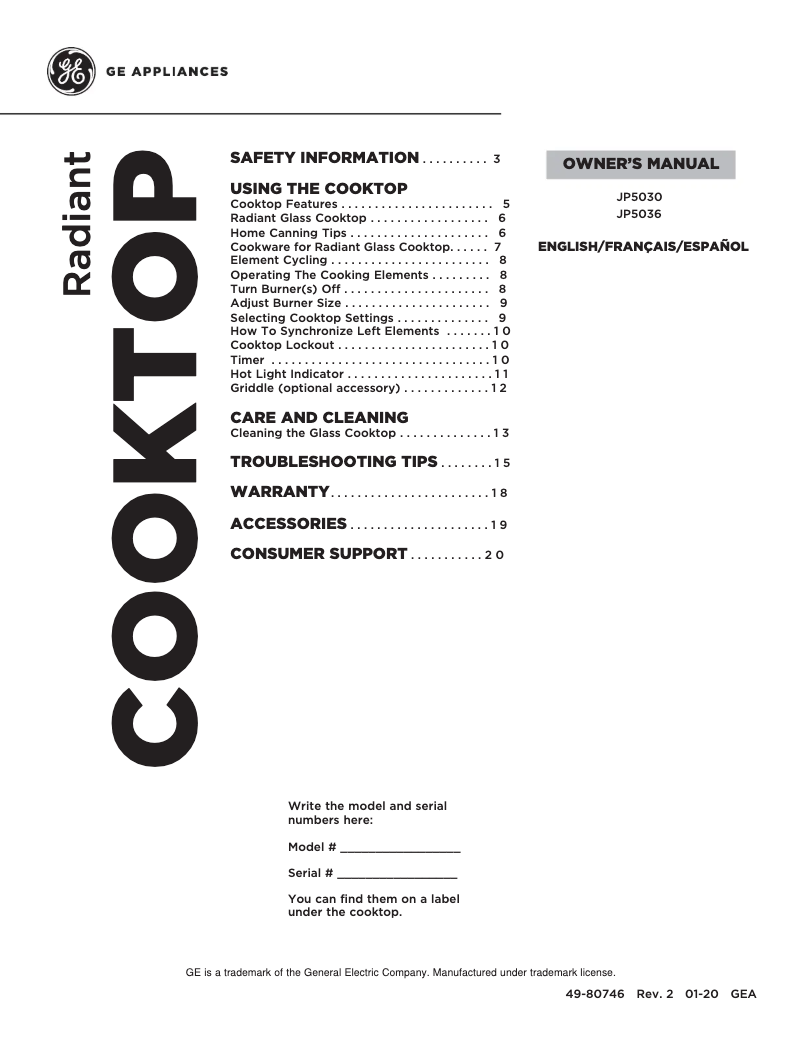 Page n°1 - Manuel d'utilisation et d'entretien GE JP5030SJSS