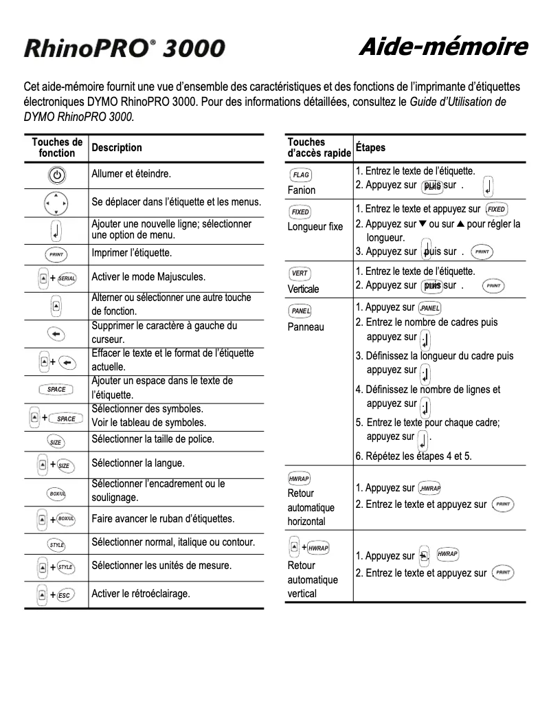 Page 1 de la notice Guide de démarrage rapide Dymo Rhino Pro 3000