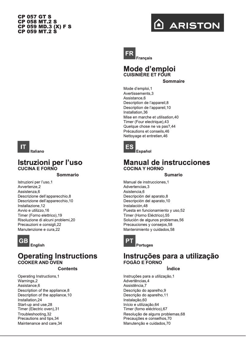 Page 1 de la notice Manuel utilisateur Ariston Thermo CP 059 MT.2 S