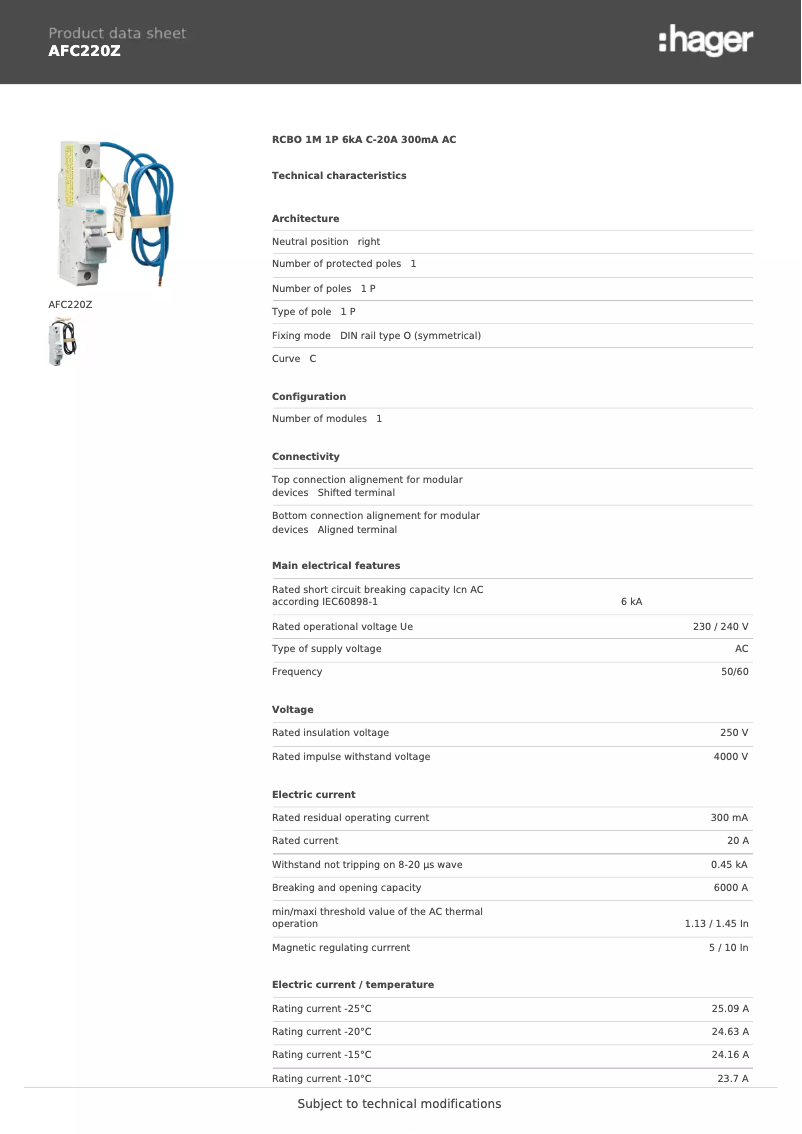 Page 1 de la notice Fiche technique Hager AFC220Z