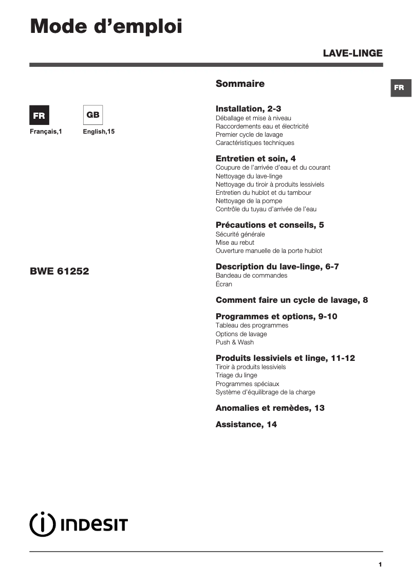 Page n°1 - Manuel utilisateur Indesit BWE 61252 W FR