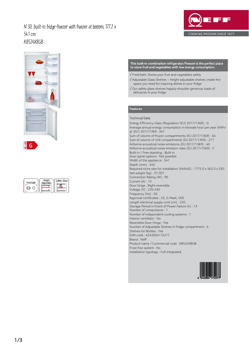 Page 1 de la notice Fiche technique Neff K8524X8GB