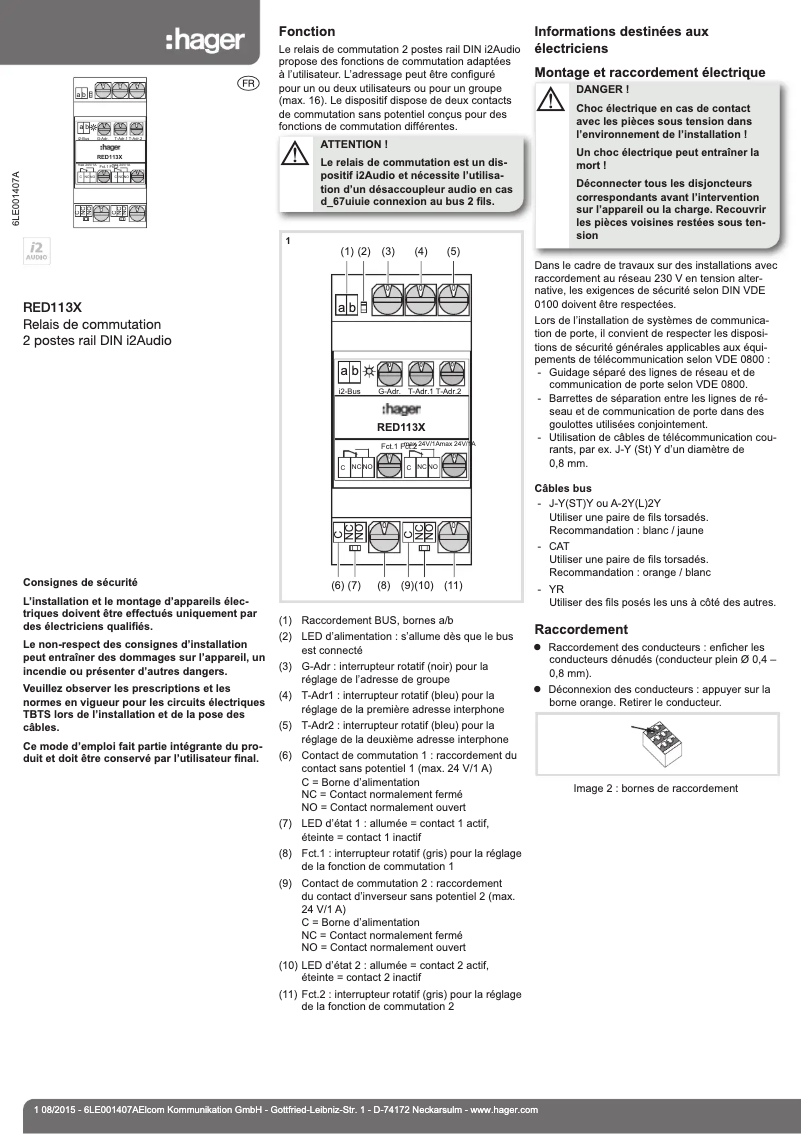 Page 1 de la notice Instructions / montage Hager RED113X