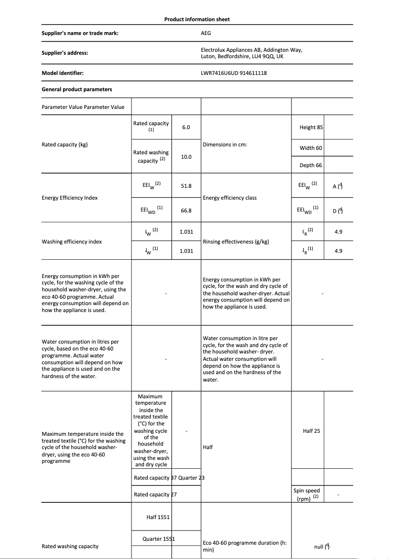 Página 1 del manual Ficha técnica AEG LWR7416U6UD