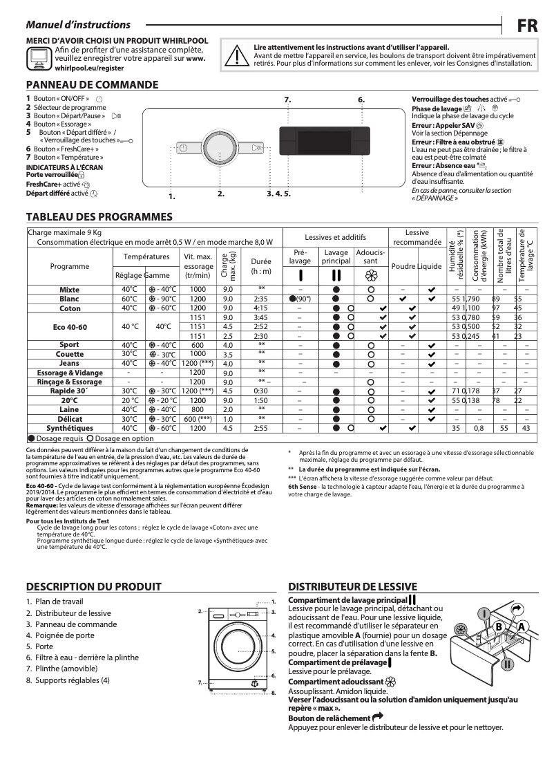 Page 1 de la notice Manuel d'utilisation et d'entretien Whirlpool FFS 9269 SB